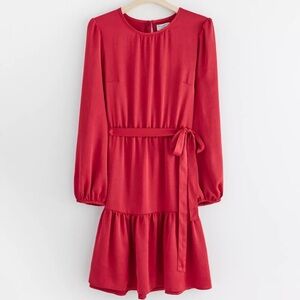 Red Long-Sleeve Tie-Waist Tiered Dress